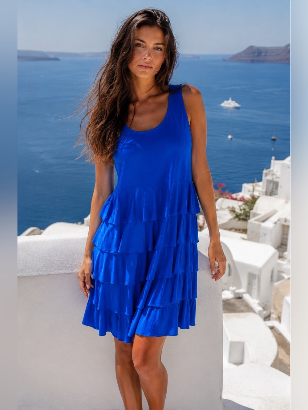 Avenue Tiered Ruffle Tank Dress Royal Blue Sleeveless Wedding Event Summer Party